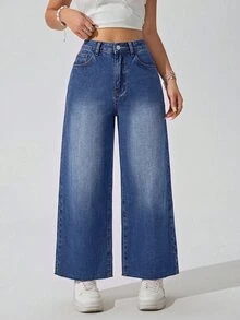 SHEIN ICON 女款大尺碼白色鬆緊腰毛邊直筒牛仔褲 - 藍色 - 查看 6