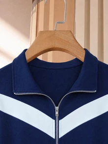 Lacomfia Plus Size Streetwear Striped Colorblock Zip-Up Jacket And Pants Set - Navy Blue - View 7