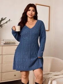 Enliva Plus Size Women Long Sleeve Sweater Dress, A-Line Hem Cable Knit Dress, Winter, Compatible With Apple Rounded Body Shape - Dusty Blue - View 3
