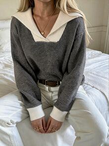 Autumina Women's Casual Young Color-Block Turn Collar Knitted Sweater, Autumn/Winter - Multicolor - View 4