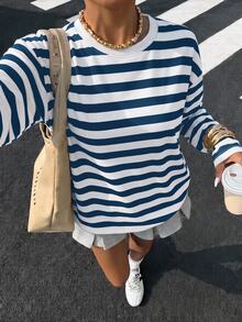 SHEIN EZwear 女款圓領條紋休閒日常長袖T恤 - 彩色 - 查看 6