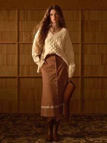 MOTF STUDIO WOMEN'S AUTUMN/WINTER VINTAGE BOHEMIAN SUEDE EMBROIDERED HEM LONG SKIRT - Rust Brown - View 3
