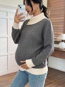 DAZY Patchwork Contrast Color Lapel Long Sleeve Loose Pullover Casual Daily Korean Style Autumn/Winter Thick Knit Sweater Maternity - Grey - View 3