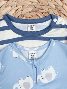 SHEIN 新生兒男嬰女嬰可愛針織卡通圖案長袖連身衣居家服 - 藍色 - 查看 6