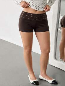 Auralis Brown High-Stretch High-Waisted Fold-Over Fitted Shorts – Modern, Elegant, And Distinctive - Brown - View 6