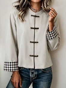 Louniche Women's Plaid Patchwork Casual Versatile Daily Long Sleeve Jacket - Apricot - View 7