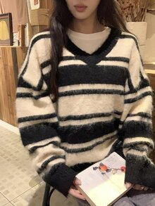 DAZY Women's V-Neck Striped Korean Style Long Sleeve Sweater, Autumn/Winter - Grey - View 13