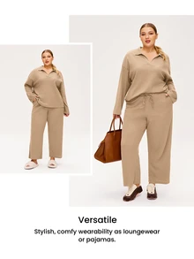 LUVLETTE Piyama Wanita Ukuran Plus Musim Gugur, Bahan Katun Lembut Waffle, Lengan Panjang & Celana Panjang, Set Piyama Santai 2 Potong dengan Kantong, Celana dengan Kantong, Piyama Musim Gugur - Aprikot - View 13