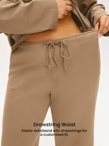 LUVLETTE Piyama Wanita Ukuran Plus Musim Gugur, Bahan Katun Lembut Waffle, Lengan Panjang & Celana Panjang, Set Piyama Santai 2 Potong dengan Kantong, Celana dengan Kantong, Piyama Musim Gugur - Aprikot - View 7