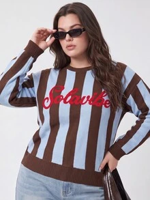 Solavibe Plus Size Y2K Colorblock Striped Oversized Knit Pullover Letter Embroidery Crew Neck For Campus & Daily,Colorblock,Fall Winter,Street Style,Halloween - Brown - View 4