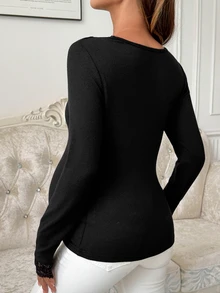 DAZY Contrast Lace Trim Fitted Elastic Long Sleeve V-Neck Casual Daily Vacation Korean Style Spring Autumn Top Maternity T-Shirt - Black - View 2