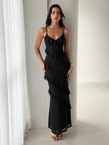 Aloruh Women's Spring/Summer Bohemian Ruffle Trim Slim Fit Dress - Black - View 8