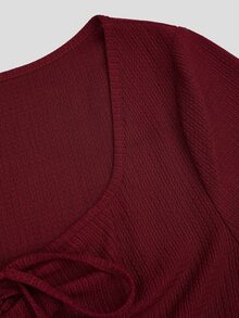 Sweetra Plus Size Women's Solid Color Front Tie Flare Sleeve Elegant Waist-Cinching A-Line Dress Fall - Burgundy - View 3