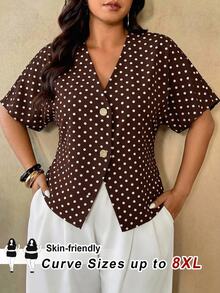 SHEIN CURVE+ Plus Size Autumn Casual Polka Dot Batwing Sleeve Open Collar Button Decor Shirt - Multicolor - View 1