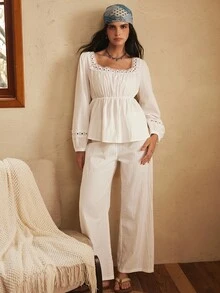 Lullawish Women's Solid Color Contrast Lace Long Sleeve Top And Pants Pajama Set - White - View 4