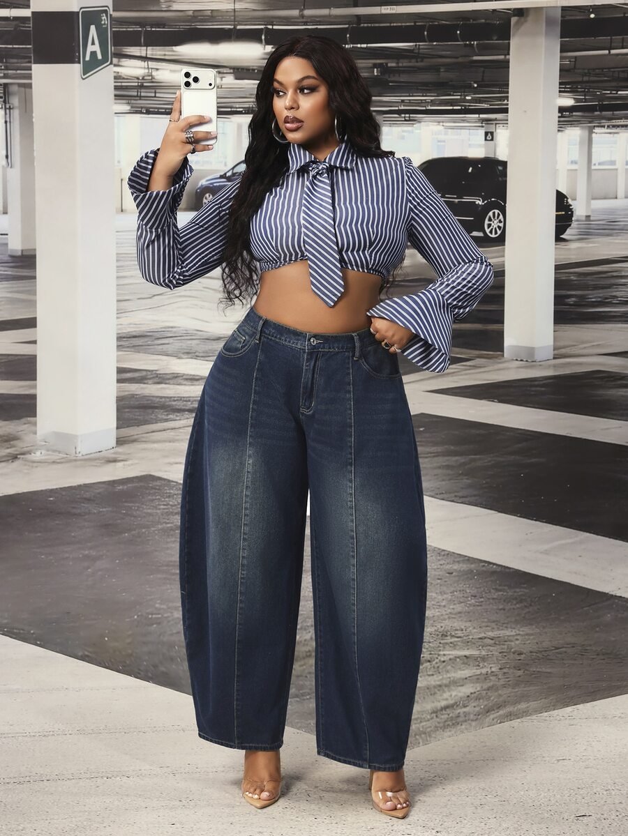 Slaydiva Celana Jeans Wanita Ukuran Besar dengan Saku dan Efek Cuci Vintage, Potongan Kaki Melengkung - Dark Wash - View 1