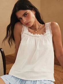 Lullawish Young Casual Bohemian Embroidered Hollow-Out Cotton Lace Patchwork Cotton Blend Woven Tank Top Women's Sleepwear Top - White - View 1