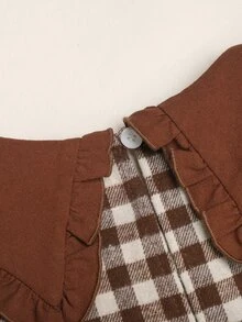 SHEIN 少女對比領棕色格紋荷葉邊抽褶腰A字洋裝 - 卡其色 - 查看 4
