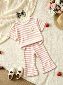(1 Random Set) Baby Girls Autumn Casual Cute Pink Leopard Print Letter Heart Bow Rabbit Flower Striped Short T-Shirt And Flared Pants - Multicolor - View 5