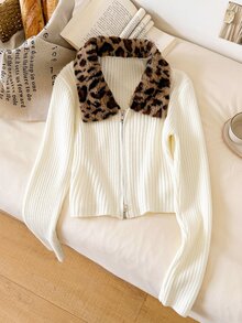 CosyJoli Women's Leopard Print Patchwork Casual Cute Daily Everyday Date Cardigan Leopard Print Women Fall Winter Sweater Work Outfits For Women Fashionable - Black - View 3