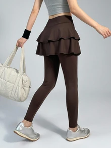 DAZY Legging Olahraga Wanita Kasual Serbaguna Empat Musim, Pinggang Tinggi, Dua Lapisan, Hem Berumbai, Patchwork, Potongan Ramping, Elastis, Warna Kopi - Coklat - View 9