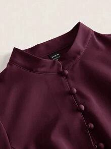 Vintamour Áo blouse nữ màu trơn thiết kế cúc tay dài phồng - Màu đỏ tím - Xem 7