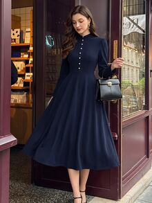 Vintamour Vintage Elegant Women's Dress With Pockets, Button Cheongsam Collar, New Chinese Style Casual Commute Vacation Holiday Dress - Navy Blue - View 4