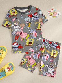 SpongeBob SquarePants | SHEIN Young Boy Round Neck Short Sleeve Top And Shorts Loungewear - Grey - View 1