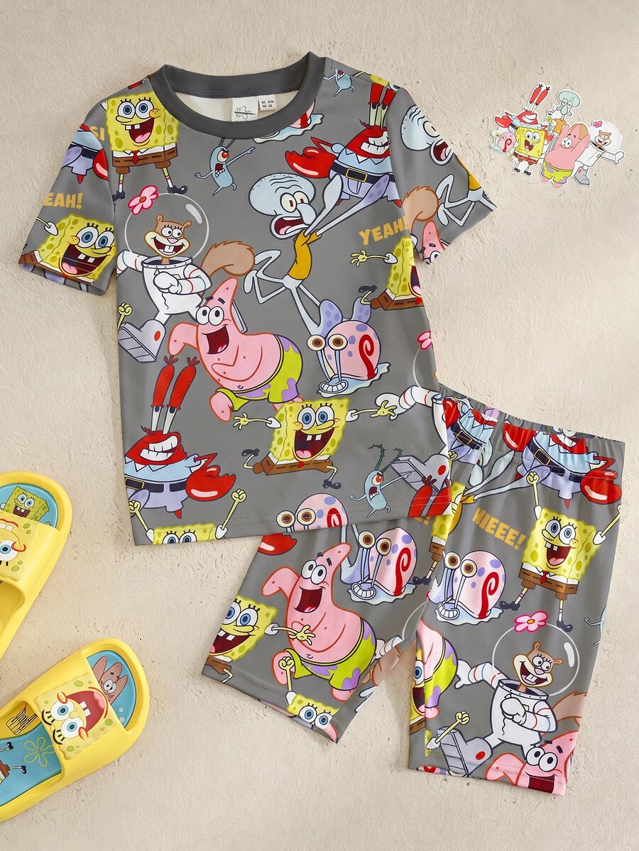 SpongeBob SquarePants | SHEIN Young Boy Round Neck Short Sleeve Top And Shorts Loungewear - Grey - View 1