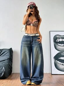 SHEIN PETITE CURVE 大尺碼女款口袋寬腿鬆垮休閒百搭牛仔褲 - 深色水洗藍 - 查看 8