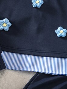 Tween Girl 3D Floral Decor Long Sleeve Sweatshirt And Pants Casual Set - Navy Blue - View 7