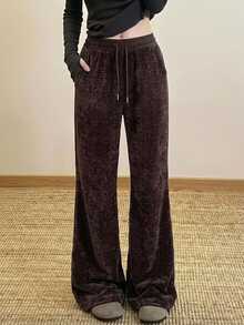 DAZY Women's Elastic Waist Drawstring Tie Pocket Elegant Long Pants - Brown - View 2