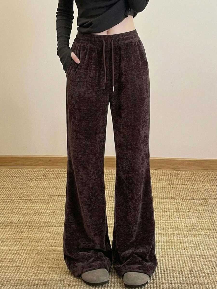 DAZY Women's Elastic Waist Drawstring Tie Pocket Elegant Long Pants - Brown - View 1