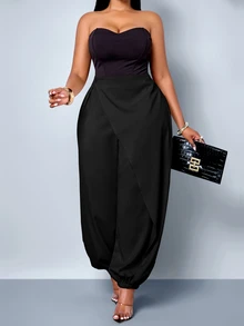 SOLERSUN Plus Size Women's Elegant Casual Asymmetric Long Pants, Daily Commute, Streetwear Fall - Black - View 2