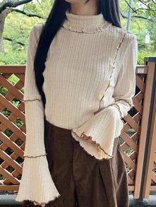FRIFUL Women's Solid Color High Neck Bell Sleeve Casual Romantic Cute Versatile T-Shirt Brunch Apricot Autumn - Beige - View 4
