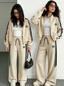 SHEIN 兩件式時尚休閒黑色立領夾克與長褲套裝，適合大女孩 - 卡其色 - 查看 4