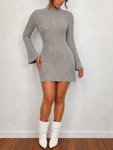 Selianne Women's Flare Sleeve A-Line Cinched Cinched Waist Elegant Design Sweater Dress - Light Grey - View 3