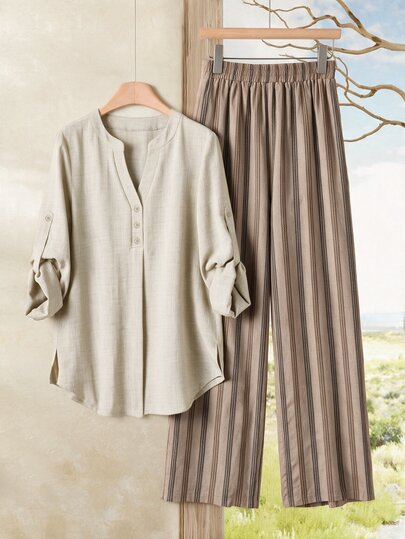 EMERY ROSE Conjunto de camisa casual de unicolor con cuello en V con muesca y mangas enrolladas y pantalones largos a rayas, ropa de otoño para mujeres, atuendo de invierno para mujeres