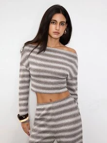 Maija Setelan 2 Potong Atasan Lengan Panjang Bergaris Blok Warna dengan Bahu Asimetris untuk Wanita, Pakaian untuk Acara Keluar, Pakaian Kerja untuk Wanita, Pakaian Musim Gugur - Coffee Brown - View 5