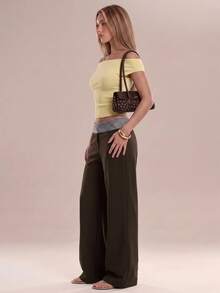 Avantive Women's Waist Patchwork Plaid Wide Leg Loose Long Pants - Coffee Brown - View 1