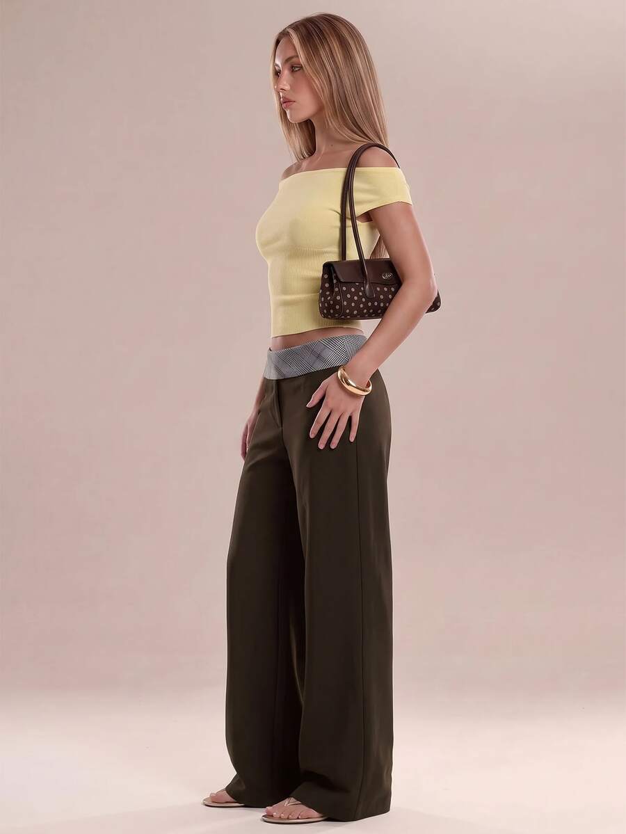 Avantive Women's Waist Patchwork Plaid Wide Leg Loose Long Pants - Coffee Brown - View 1