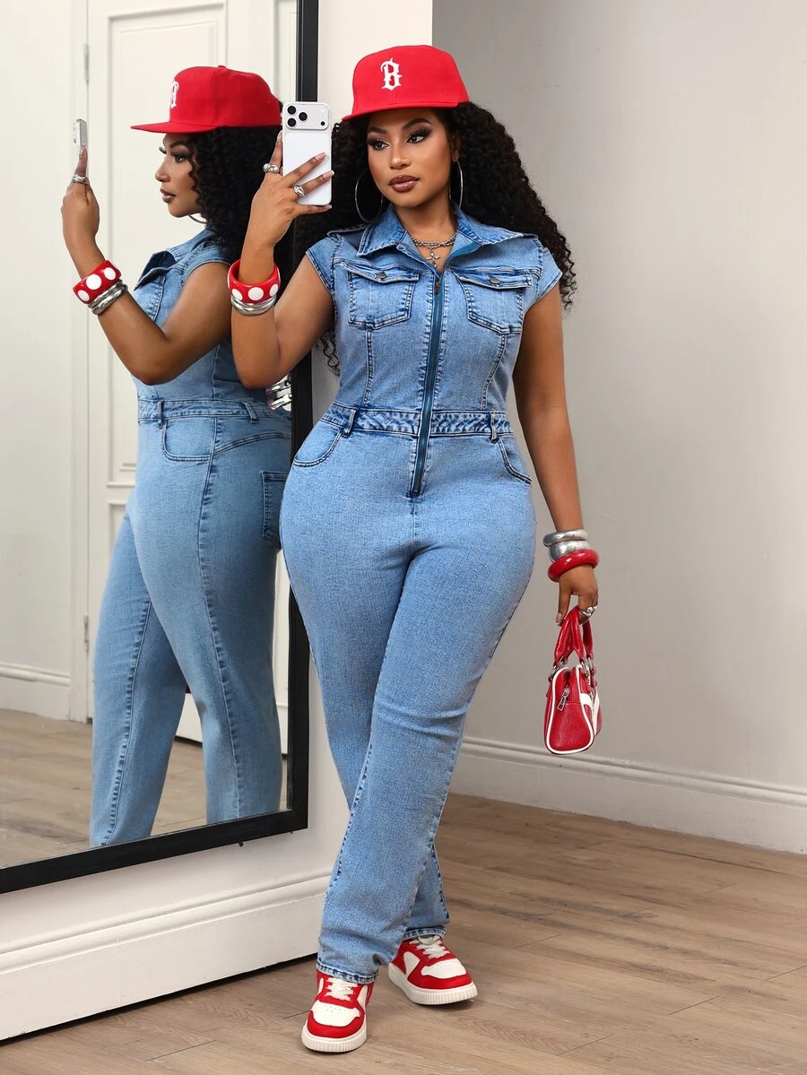Slaydiva Plus Size Zipper Half-Placket Pocket Fashion Denim Jumpsuit - Blue - View 1