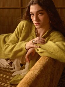 MOTF STUDIO Cardigan Rajut Pendek Hangat Berbahan Bulu Halus untuk Wanita, Musim Gugur/Musim Dingin - Mustard Yellow - View 3