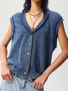 Bohemela Women's V-Neck Single-Breasted Casual Daily Vest Jacket - Blue - View 7