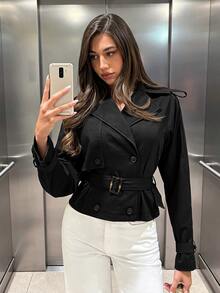 Siren Gaze Solid Color Double-Breasted Cropped Trench Coat Jacket For Women, Autumn/Winter New Style - Black - View 4