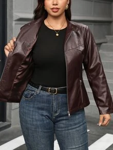 Reflora Plus Size Fashion Streetwear Zipper Long Sleeve PU Material Jacket - Brown - View 4