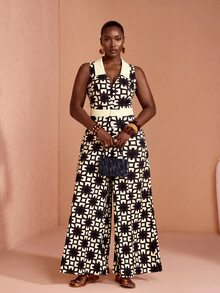 JIAN LASALA Jumpsuit Kasual Musim Panas Wanita Ukuran Plus Tanpa Lengan dengan Kerah dan Kancing, Motif Aneka Warna Kontras Warna - MultiWarna - View 3