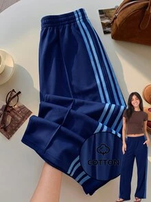 Comfortcana 女款休閒拼色條紋寬腿運動長褲，適合夏季、春季、秋季，奶油黃寬腿褲 - 藏蓝色 - 查看 6