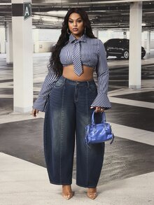 Slaydiva Celana Jeans Wanita Ukuran Besar dengan Saku dan Efek Cuci Vintage, Potongan Kaki Melengkung - Dark Wash - View 7