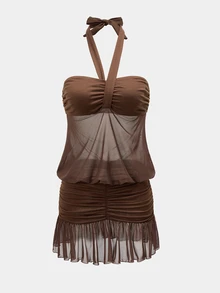 Glamine SHEIN Glamour Dress Cover-up Wanita Warna Polos dengan Lipit dan Kelim Ruffle, Kerah Halter, Cokelat Cokelat, Seksi Tropis Musim Panas untuk Liburan Klub - Coklat - View 8